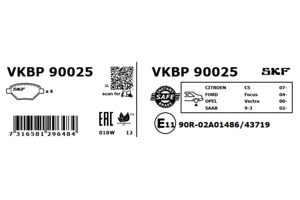 Jogo de 4 pastilhas de travão SKF ref. VKBP 90025